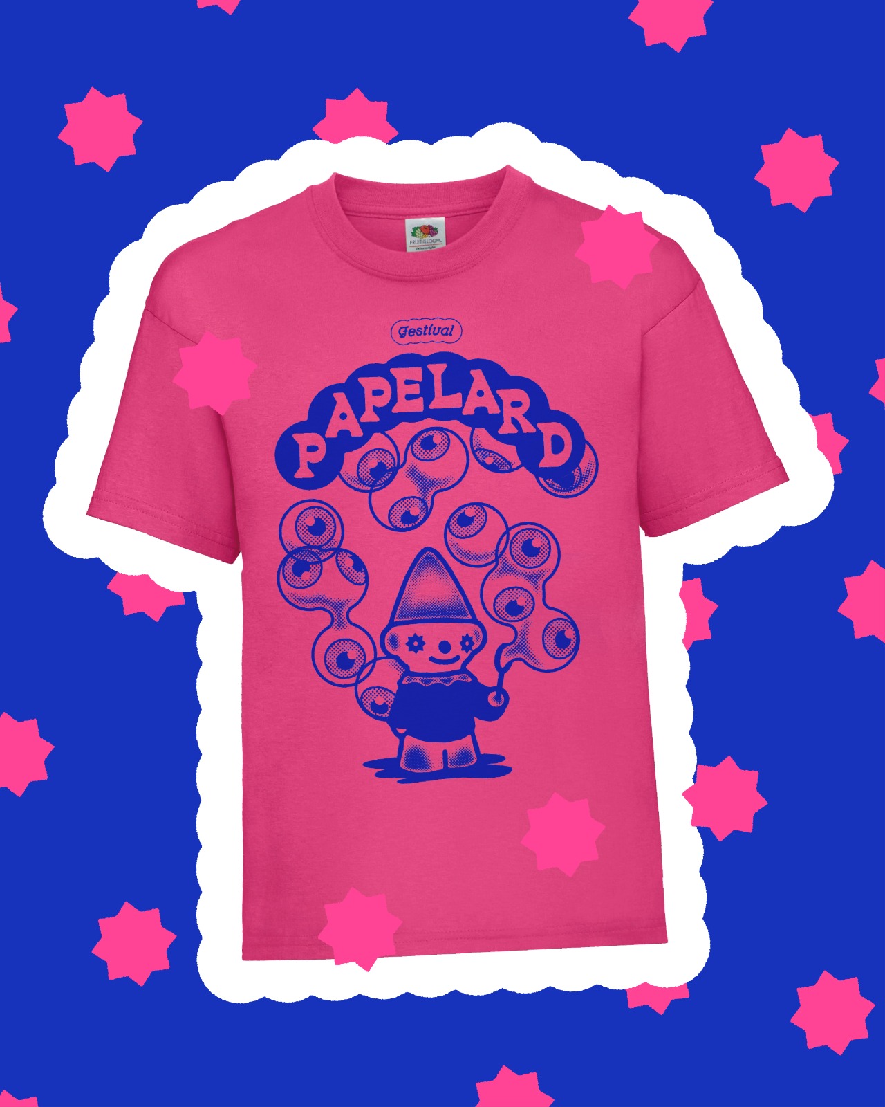 T-shirt rose du Festival Papelard, sérigraphié en bleu avec le logo et la mascotte du festival